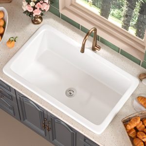 DeerValley DV-1K513 Undermount Kitchen Sinks Fireclay Single Bowl with Grid & Strainer