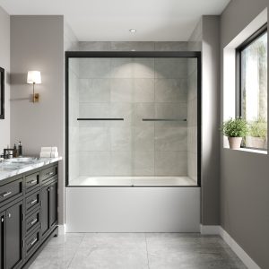 DeerValley DV-1SD0412B06 56" - 60" W x 60" H Framed Double Sliding Tub Door, Bypass Sliding Bathtub Shower Door with 1/4" Clear Tempered Glass, Aluminum Frame with Stainless Steel Towel Bar, Matte Black
