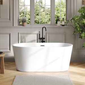 DeerValley DV-1T0582/DV-1T0583 55"/66" Acrylic Freestanding Bathtub, Deep Soaking Tub with Center Drain & Integrated Overflow, Modern White Standalone Shower Tub Ergonomic Design