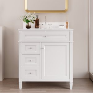 DeerValley 30 Inch Bathroom Vanity with Sink and Backsplash, Pre-Assembled Modern Bath Cabinet with Storage, Soft Close Doors, White / Light Gray